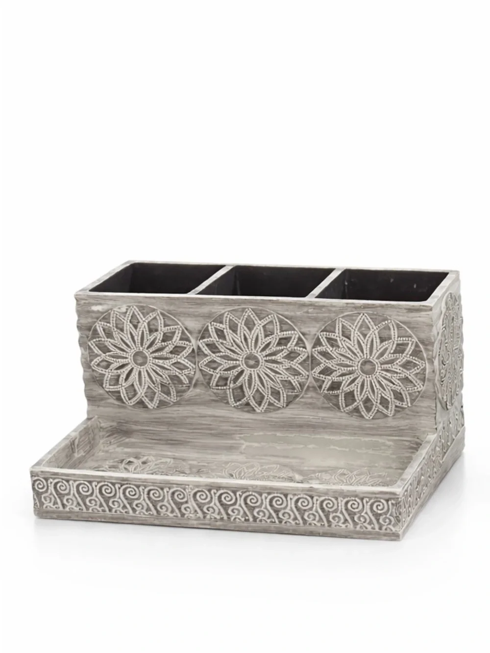 Carved Floral Ceramic Canister and Organizer Set in Weathered Gray